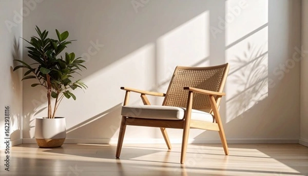 Fototapeta Serene Sunlight Illuminates a Mid-Century Modern Chair and Plant in a Minimalist Room