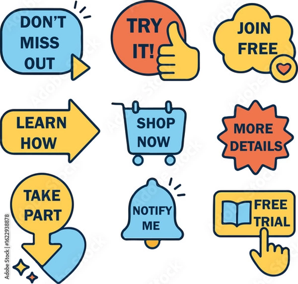 Obraz "Hand-Drawn Call-to-Action Icon Set Featuring Don't Miss Out, Try It, Join Free, Shop Now, Learn How, Free Trial, Notify Me, and More for Digital Marketing, Web Design, Ecommerce, and Social Media – C