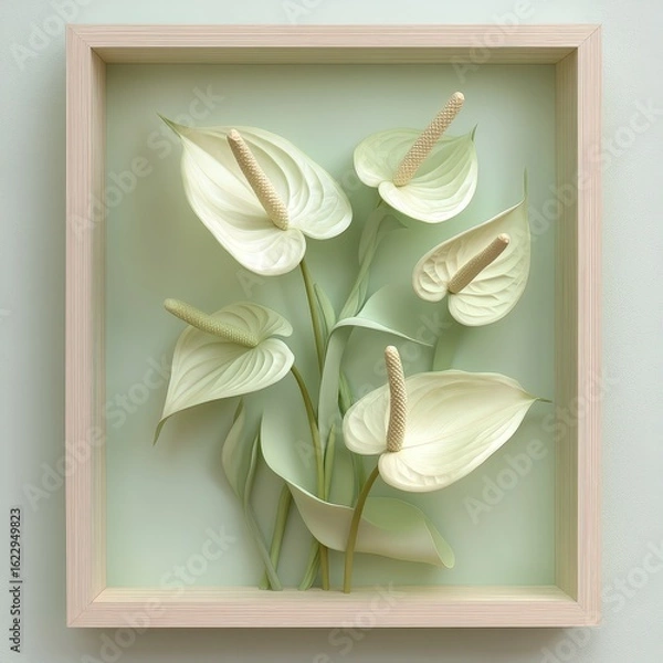Fototapeta Delicate, pastel-toned flowers in a framed display.