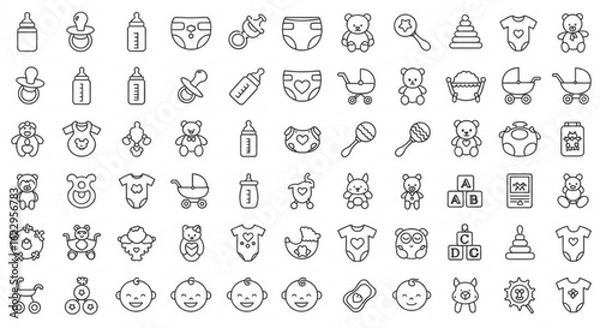 Fototapeta Illustration of baby related items including toys, bottles, clothes and baby faces in outline style