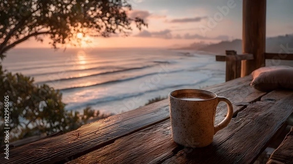 Fototapeta Sunrise Coffee on Balcony Overlooking Ocean Waves