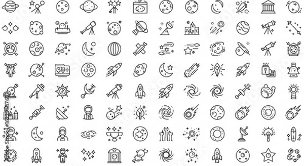 Fototapeta A collection of space exploration and astronomy themed line icons including planets rockets and astronauts