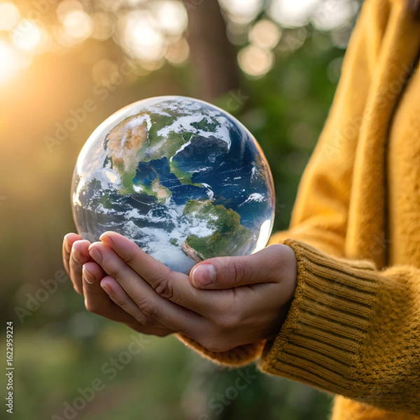 Fototapeta Person wearing a yellow sweater holds a glowing crystal ball showing planet earth in their hands