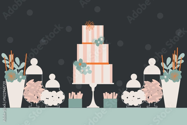 Obraz Wedding  candy bar with cake. Dessert table.  Vector illustration.