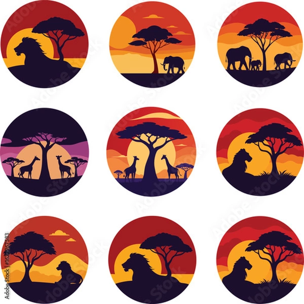 Obraz Group of wild animals in African savannah under orange sunset light Vector illustration