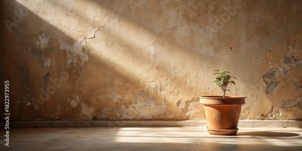 Obraz Sunlit Sapling in Rustic Setting A Potted Plant Against a Weathered Wall