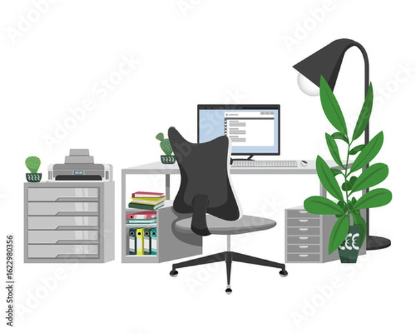 Fototapeta Office desk setup for home office work from home or freelance with bookshelf table chair pc computer files folder book  on white background and with cabinet printer houseplant