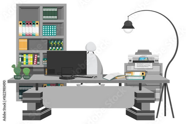 Fototapeta Office setup for home office work from home or freelancer manger executive with bookshelf table chair pc computer files folder book and with cabinet printer houseplant