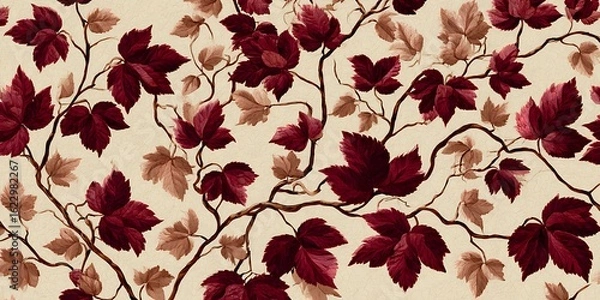 Fototapeta A delicate vine with deep red and muted brown leaves creates a charming pattern on cream