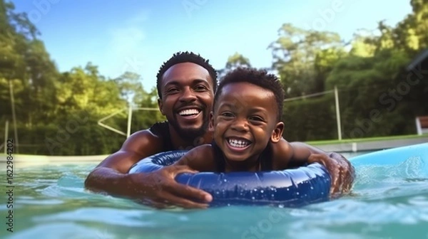 Fototapeta Portrait of a happy father with her son having fun in pool. Dad and boy swims in the pool after going down the water slide in summer