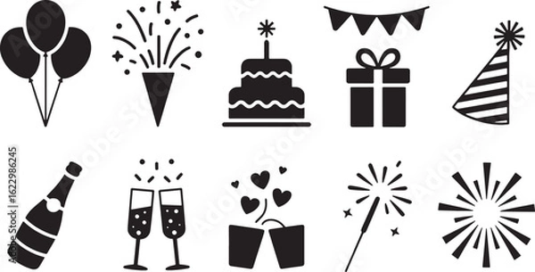 Obraz Joyful Gathering Icons Set Balloons Confetti Cake Gift Bunting Hat Champagne Toast Fireworks Black Silhouettes