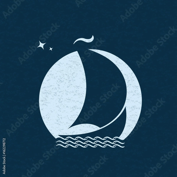 Fototapeta Żaglówka na morzu na falach na tle księżyca na nocnym niebie. Plakat żaglowca.