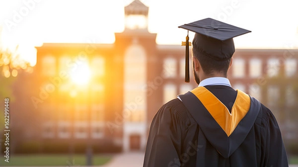 Fototapeta Graduate in cap and gown gazes at campus building silhouetted by the setting sun, symbolizing academic achievement and new beginnings.
