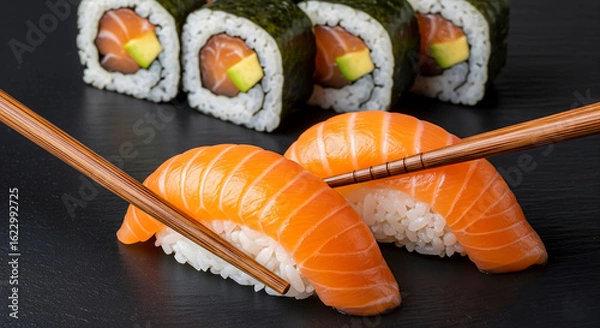 Fototapeta  Fresh Salmon Nigiri and Maki Sushi Rolls with Chopsticks on a Dark Background