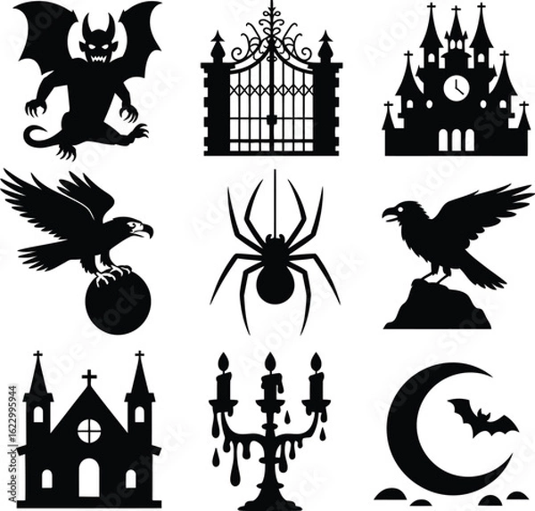 Fototapeta Halloween Silhouette Vector Icons ? Gothic Black Illustrations of Castle, Raven, Spider, Bat, and Moon for Spooky Design Projects
