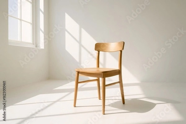 Fototapeta Sunlight streaming through a window highlights a wooden chair in a white room, fostering a minimalist and serene atmosphere perfect for relaxation