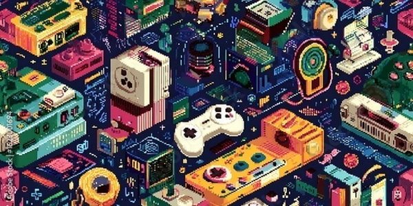 Fototapeta An isometric pixel art cityscape filled with retro gaming consoles and controllers