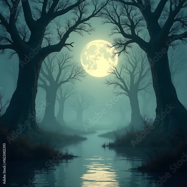 Fototapeta Full Moon Night in a Misty Swamp with Oak Trees 
background.
