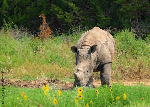 Fototapeta Rhino roaming around the wild