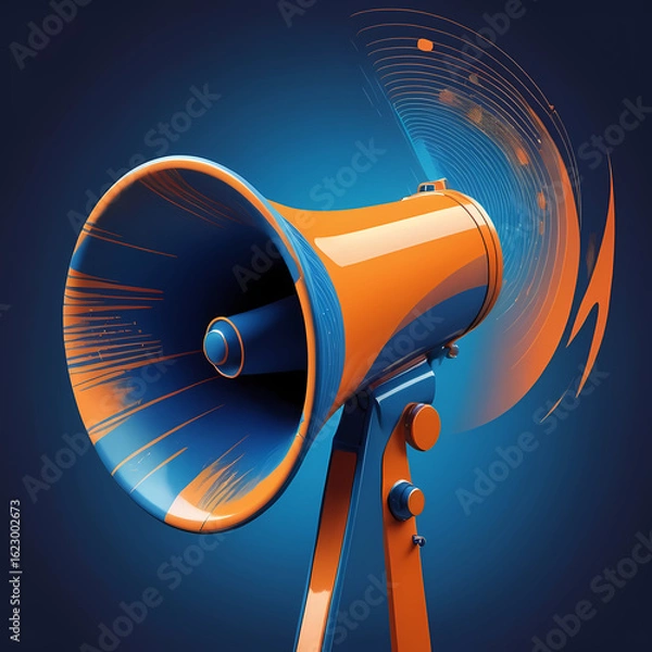 Obraz Vintage megaphone with abstract sound wave visualization in orange and blue duotone, symbolizing modern communication. 