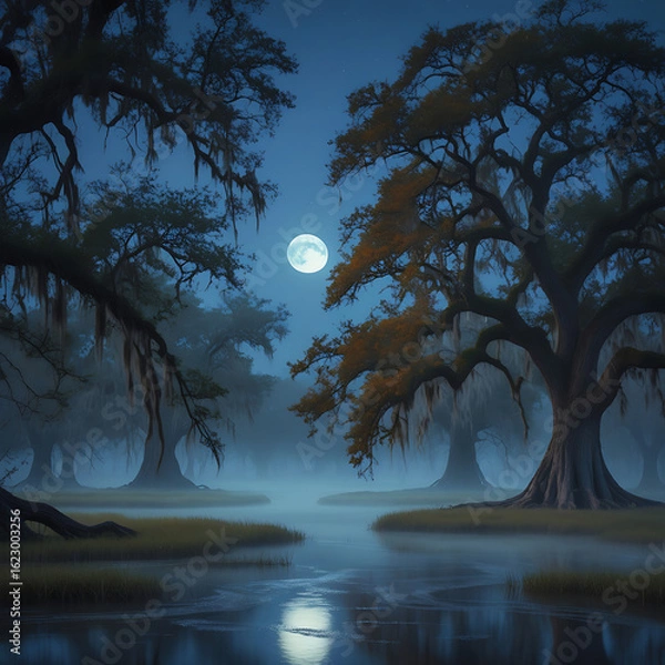 Fototapeta Full Moon Night in a Misty Swamp with Oak Trees 
background.