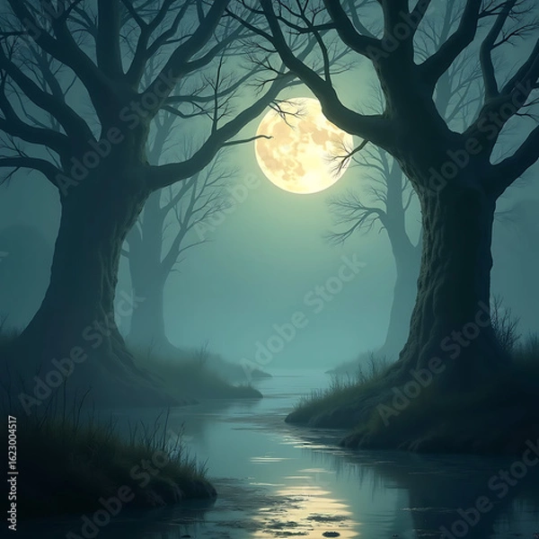 Fototapeta Full Moon Night in a Misty Swamp with Oak Trees 
background.