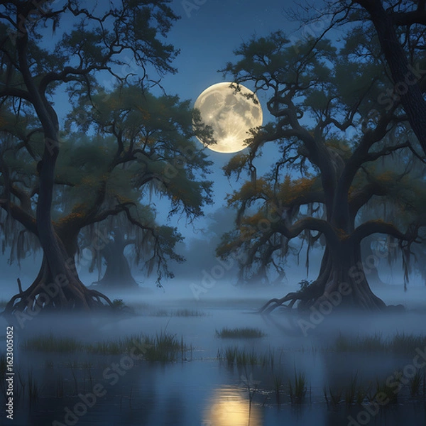 Fototapeta Full Moon Night in a Misty Swamp with Oak Trees 
background.