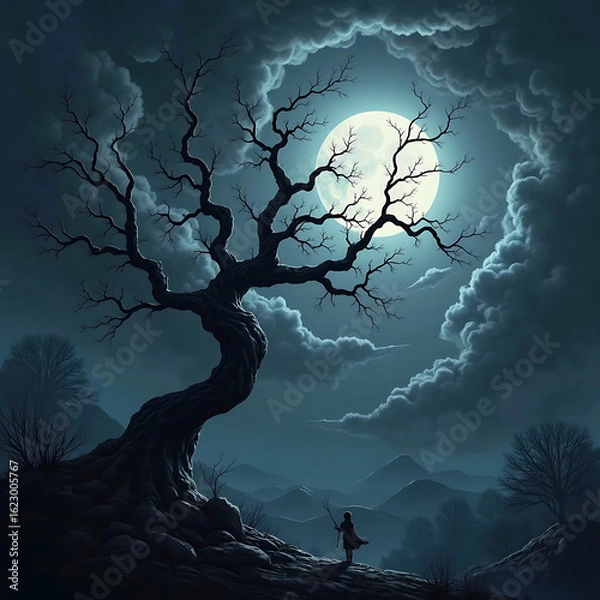 Fototapeta Dark Silhouette of a Twisted Tree Against a Full Moon and Cloudy Night Sky background. 
