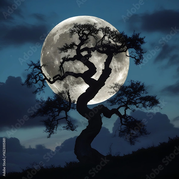 Fototapeta Dark Silhouette of a Twisted Tree Against a Full Moon and Cloudy Night Sky background. 