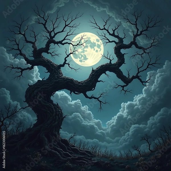 Fototapeta Dark Silhouette of a Twisted Tree Against a Full Moon and Cloudy Night Sky background. 