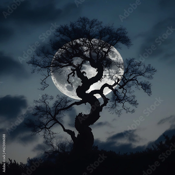 Fototapeta Dark Silhouette of a Twisted Tree Against a Full Moon and Cloudy Night Sky background. 