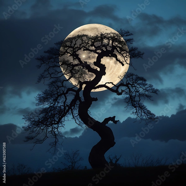 Fototapeta Dark Silhouette of a Twisted Tree Against a Full Moon and Cloudy Night Sky background. 