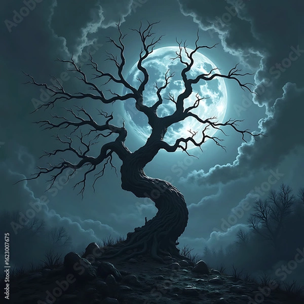 Fototapeta Dark Silhouette of a Twisted Tree Against a Full Moon and Cloudy Night Sky background. 