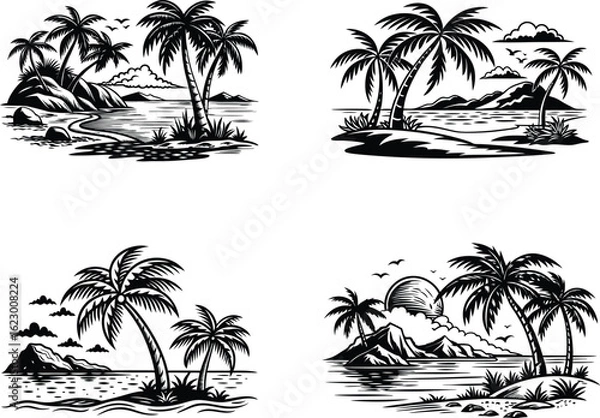 Fototapeta Stylized monochrome illustrations of tropical beaches with palm trees, clouds and water