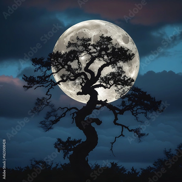Fototapeta Dark Silhouette of a Twisted Tree Against a Full Moon and Cloudy Night Sky background. 