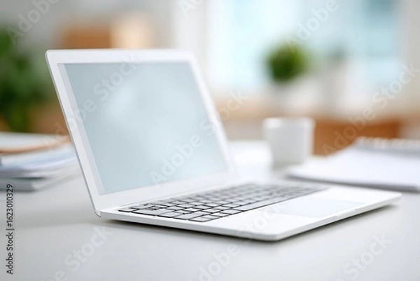 Fototapeta Sleek laptop on modern desk, illuminated by natural light, invit