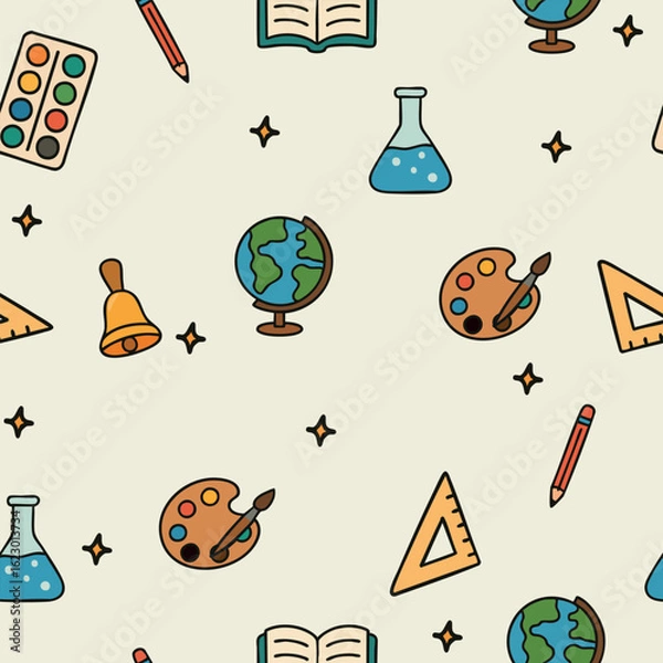 Fototapeta Colorful seamless pattern with school icons: ruler, notebook, book, pencil, globe