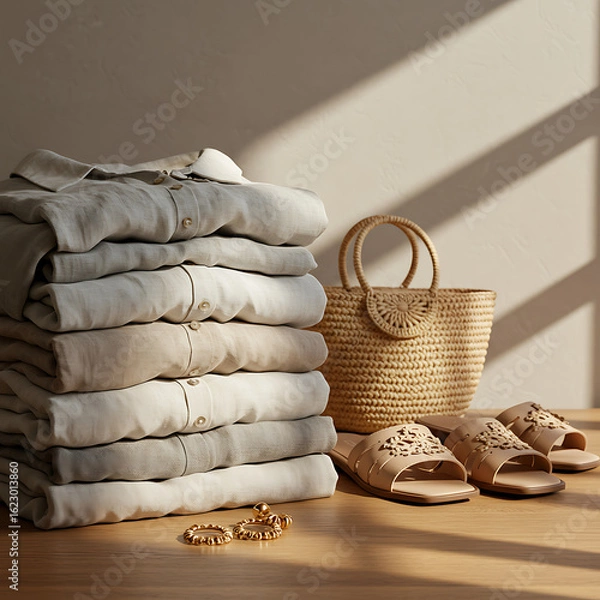 Fototapeta Stacked clothing, a woven handbag, and sandals arranged on a wooden surface, illuminated by sunlight.