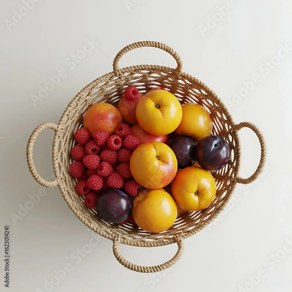 Fototapeta Overhead view of a woven basket filled with various fresh, colorful fruits.