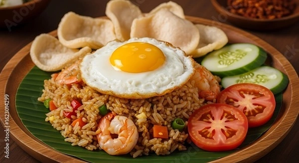Obraz Authentic Indonesian Nasi Goreng, seafood fried rice with a sunny side up egg, shrimp crackers, and vegetables on a banana leaf.