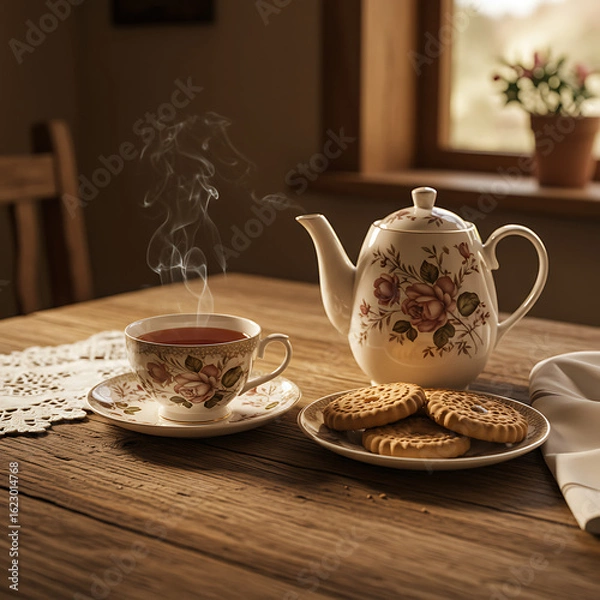 Fototapeta A steaming cup of tea with a teapot and cookies on a wooden table.