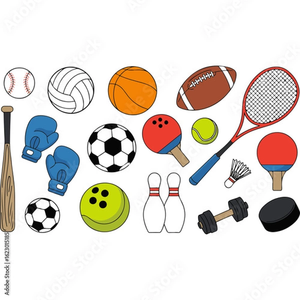 Obraz Set of various team and individual sports balls and game equipment icons