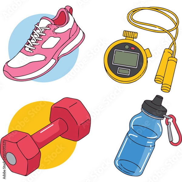 Obraz Hand-drawn fitness and workout essentials icons sneaker dumbbell and stopwatch