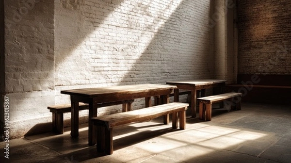 Obraz Rustic wooden tables and benches in an empty sunlit room
