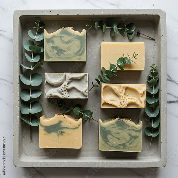Fototapeta Handmade soaps arranged with eucalyptus leaves on a concrete tray, top view.