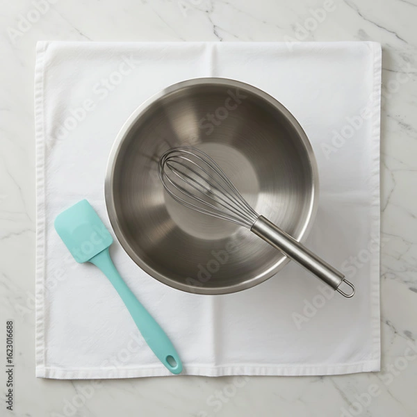 Fototapeta Overhead view of a mixing bowl with a whisk and spatula on a white cloth.