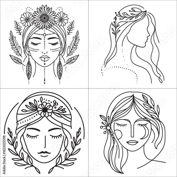 Obraz Boho Goddess Line Art Portrait with Floral Crown and Tribal Jewelry. Black and White Vector Illustration