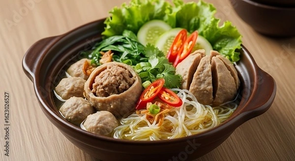 Obraz A delicious bowl of traditional Indonesian bakso, a savory meatball soup with noodles, chili, and fresh vegetables