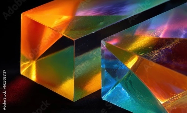 Fototapeta Glowing Translucent Glass Prisms with Vibrant Reflections on Black Background