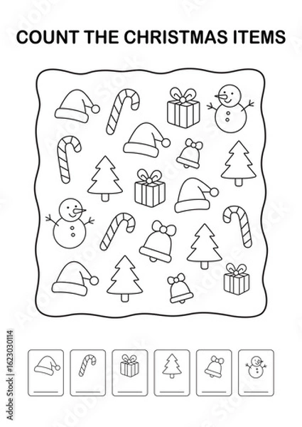 Fototapeta Count the Christmas Items Worksheet, A4 Black and White Line Art
